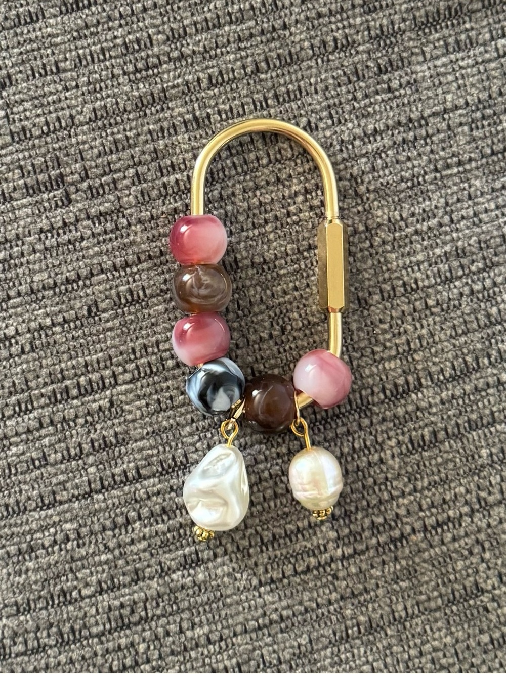 Viral Carabiner Pink Beaded Bag Charm Keychain with Faux Pearl Charms